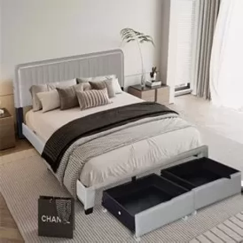 QUEEN SIZE UPHOLSTERED BED WITH ADJUSTABLE HEIGHT / MATTRESS 10 TO 14 INCHES / LED DESIGN WITH FOOTBOARD DRAWERS STORAGE