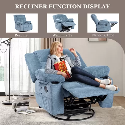 Recliner Chair Massage Fabric Recliners With Heated, 360 Degree Swivel Single Sofa With Cup Holders And Side Pockets Rocking Chair For Living Room 1