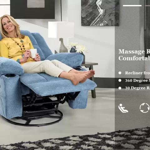 Recliner Chair Massage Fabric Recliners With Heated, 360 Degree Swivel Single Sofa With Cup Holders And Side Pockets Rocking Chair For Living Room 13