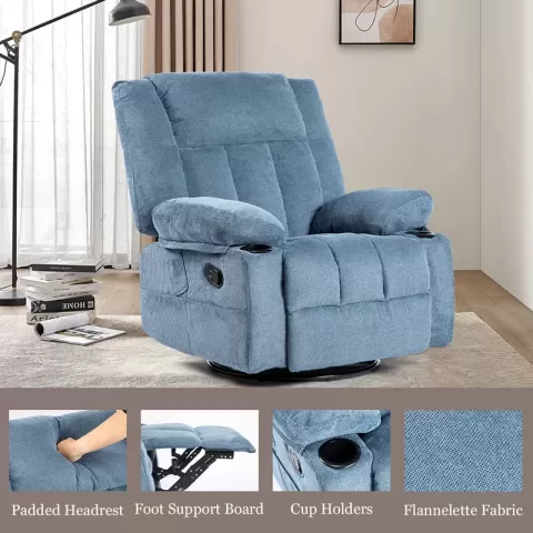 Recliner Chair Massage Fabric Recliners With Heated, 360 Degree Swivel Single Sofa With Cup Holders And Side Pockets Rocking Chair For Living Room 3
