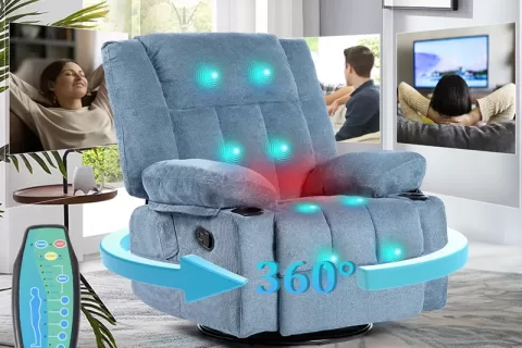 Recliner Chair Massage Fabric Recliners With Heated, 360 Degree Swivel Single Sofa With Cup Holders And Side Pockets Rocking Chair For Living Room 6