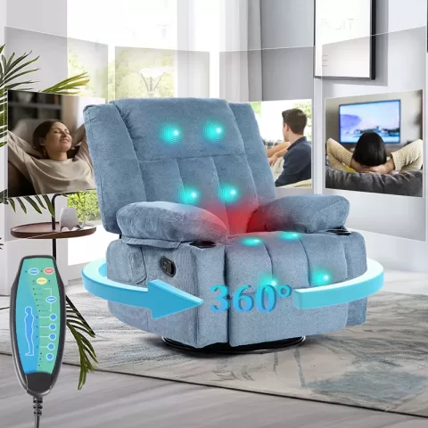 Recliner Chair Massage Fabric Recliners With Heated, 360 Degree Swivel Single Sofa With Cup Holders And Side Pockets Rocking Chair For Living Room 6