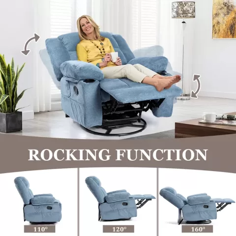 Recliner Chair Massage Fabric Recliners With Heated, 360 Degree Swivel Single Sofa With Cup Holders And Side Pockets Rocking Chair For Living Room 7