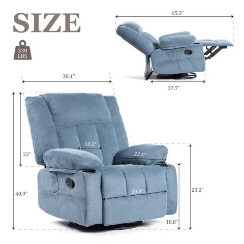 Recliner Chair Massage Fabric Recliners With Heated, 360 Degree Swivel Single Sofa With Cup Holders And Side Pockets Rocking Chair For Living Room 8