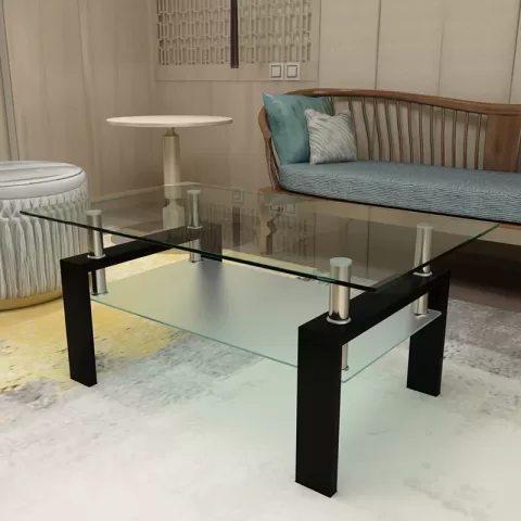Rectangle Black Glass Coffee Table, Clear Coffee Table, Modern Side Center Tables For Living Room, Living Room Furniture 11