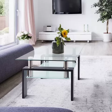 Rectangle Black Glass Coffee Table, Clear Coffee Table, Modern Side Center Tables For Living Room, Living Room Furniture 12