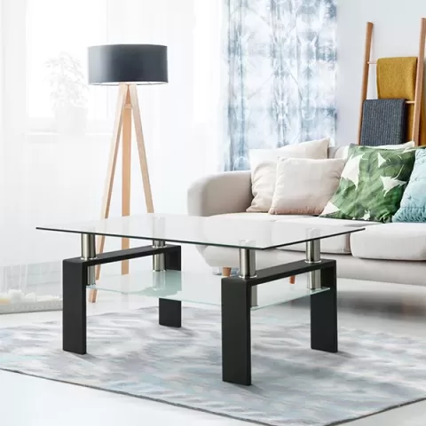 Rectangle Black Glass Coffee Table, Clear Coffee Table, Modern Side Center Tables For Living Room, Living Room Furniture 13