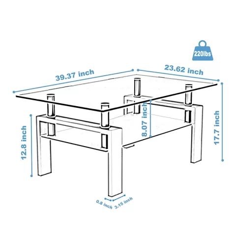 Rectangle Black Glass Coffee Table, Clear Coffee Table, Modern Side Center Tables For Living Room, Living Room Furniture 3
