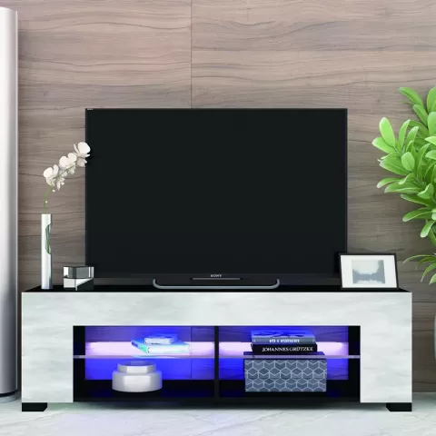 Tv Stand For 32 60 Inch Tvs Modern Low Profile Black+stone Grey Entertainment Center With Led Lights 57 Inch Small Tv Console Media Table Glass Shelves And Hidden Side 1
