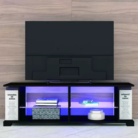 Tv Stand For 32 60 Inch Tvs Modern Low Profile Black+stone Grey Entertainment Center With Led Lights 57 Inch Small Tv Console Media Table Glass Shelves And Hidden Side 2