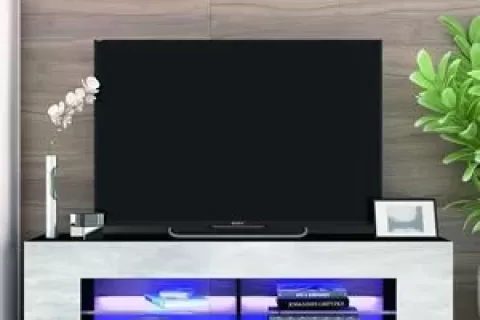 Tv Stand For 32 60 Inch Tvs Modern Low Profile Black+stone Grey Entertainment Center With Led Lights 57 Inch Small Tv Console Media Table With Glass Shelves And Hidden Side Booksh