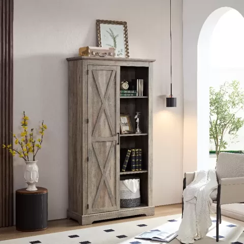 Tall Storage Cabinet Sliding Door Storage Country Wood Rustic Farmhouse Pantry Cupboard Sliding Door Kitchen Organizer Furniture Home Drawer Shelves 2