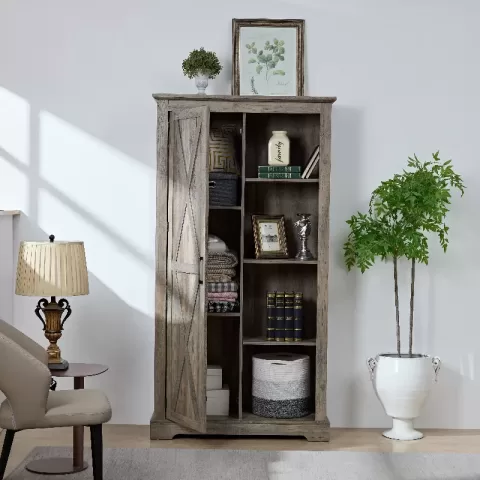 Tall Storage Cabinet Sliding Door Storage Country Wood Rustic Farmhouse Pantry Cupboard Sliding Door Kitchen Organizer Furniture Home Drawer Shelves 3