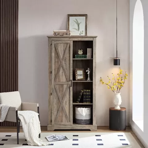 Tall Storage Cabinet Sliding Door Storage Country Wood Rustic Farmhouse Pantry Cupboard Sliding Door Kitchen Organizer Furniture Home Drawer Shelves 4