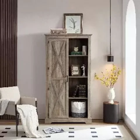 Tall Storage Cabinet Sliding Door Storage Country Wood Rustic Farmhouse Pantry Cupboard Sliding Door Kitchen Organizer Furniture Home
