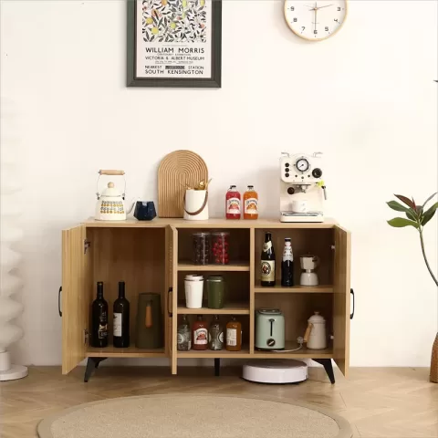 Three Door Cabinet With Natural Rattan Mesh Large Storage Space, Kitchen Storage Cabinet .stable And Durable Structure, Perfect For Living Rooms Or Restaurants 45.3inch 2