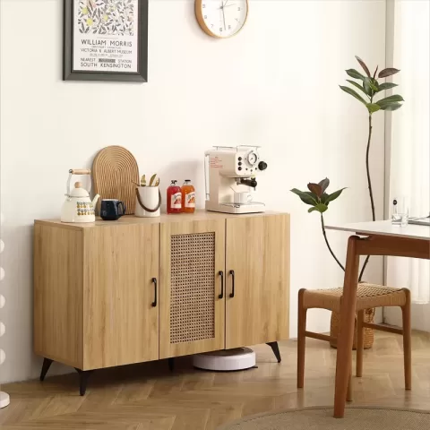 Three Door Cabinet With Natural Rattan Mesh Large Storage Space, Kitchen Storage Cabinet .stable And Durable Structure, Perfect For Living Rooms Or Restaurants 45.3inch 3