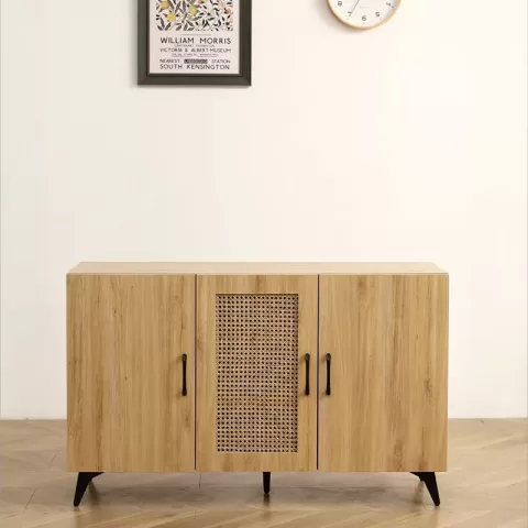 Three Door Cabinet With Natural Rattan Mesh Large Storage Space, Kitchen Storage Cabinet .stable And Durable Structure, Perfect For Living Rooms Or Restaurants 45.3inch 4
