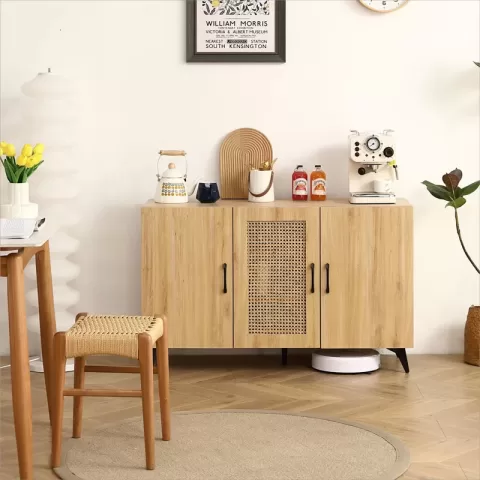 Three Door Cabinet With Natural Rattan Mesh Large Storage Space, Kitchen Storage Cabinet .stable And Durable Structure, Perfect For Living Rooms Or Restaurants 45.3inch 5