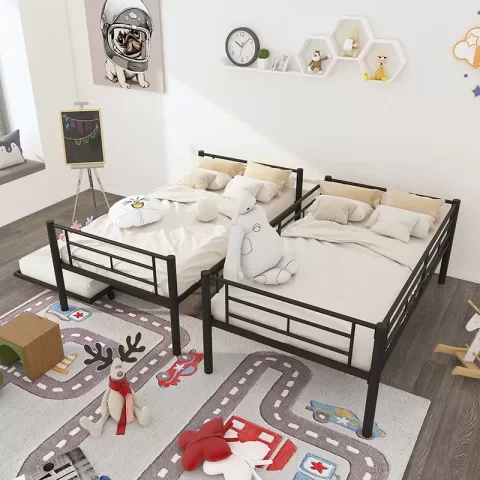Twin Over Twin Metal Bunk Bed Frame with Trundle（Upgrade reinforcement version）