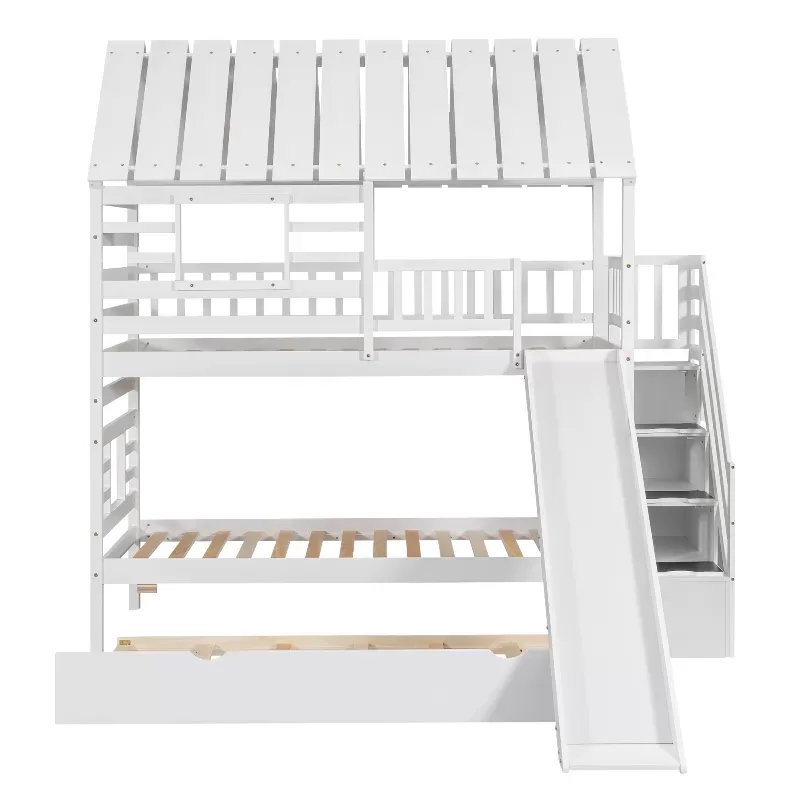 Twin Over Twin House Bunk Bed With Trundle And Slide, Storage Staircase, Roof And Window Design, White 1