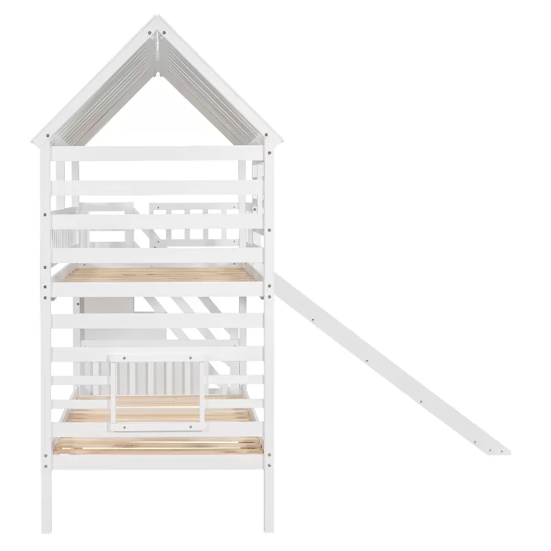 Twin Over Twin House Bunk Bed With Trundle And Slide, Storage Staircase, Roof And Window Design, White 10