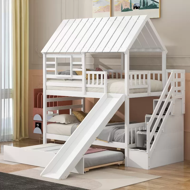 Twin Over Twin House Bunk Bed With Trundle And Slide, Storage Staircase, Roof And Window Design, White 11