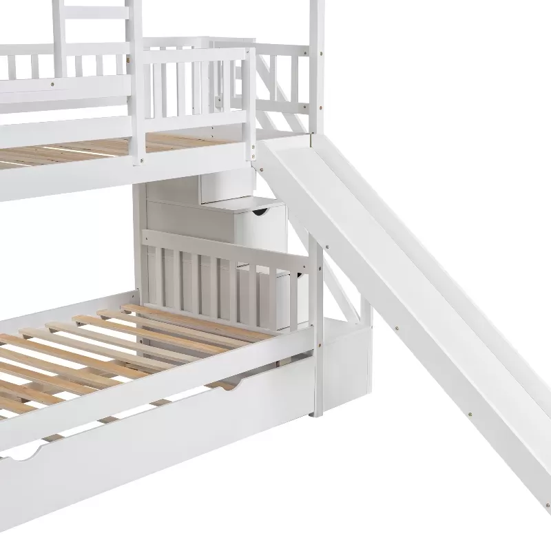 Twin Over Twin House Bunk Bed With Trundle And Slide, Storage Staircase, Roof And Window Design, White 12