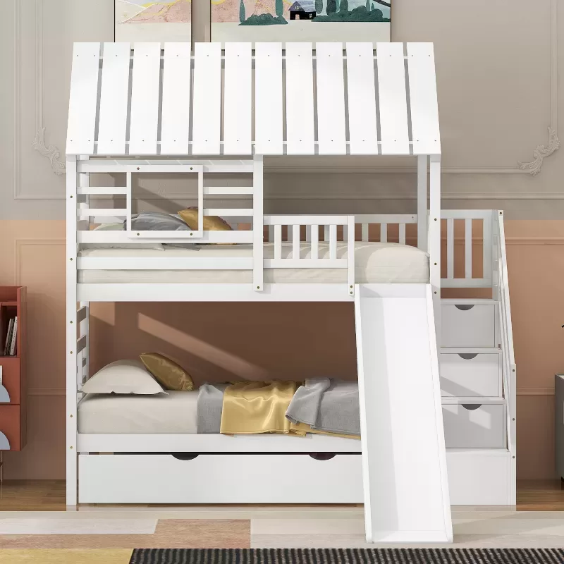 Twin Over Twin House Bunk Bed With Trundle And Slide, Storage Staircase, Roof And Window Design, White 13