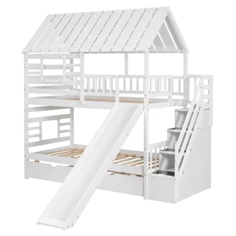 Twin Over Twin House Bunk Bed With Trundle And Slide, Storage Staircase, Roof And Window Design, White 14