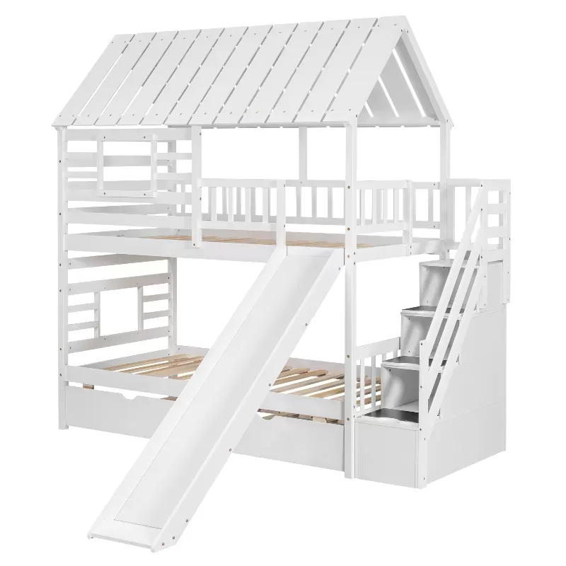 Twin Over Twin House Bunk Bed With Trundle And Slide, Storage Staircase, Roof And Window Design, White 14