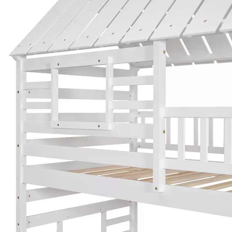 Twin Over Twin House Bunk Bed With Trundle And Slide, Storage Staircase, Roof And Window Design, White 15