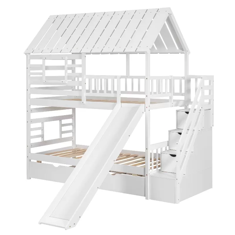Twin Over Twin House Bunk Bed With Trundle And Slide, Storage Staircase, Roof And Window Design, White 16
