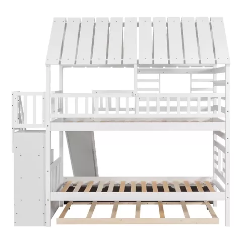 Twin Over Twin House Bunk Bed With Trundle And Slide, Storage Staircase, Roof And Window Design, White 17