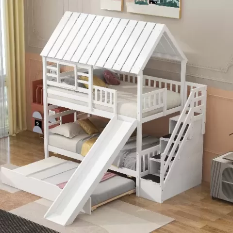 Twin Over Twin House Bunk Bed With Trundle And Slide, Storage Staircase, Roof And Window Design, White 18