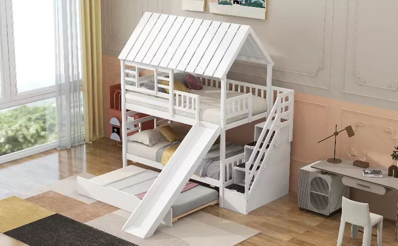 Twin Over Twin House Bunk Bed With Trundle And Slide, Storage Staircase, Roof And Window Design, White 18