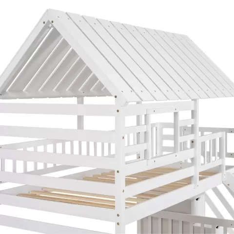 Twin Over Twin House Bunk Bed With Trundle And Slide, Storage Staircase, Roof And Window Design, White 19