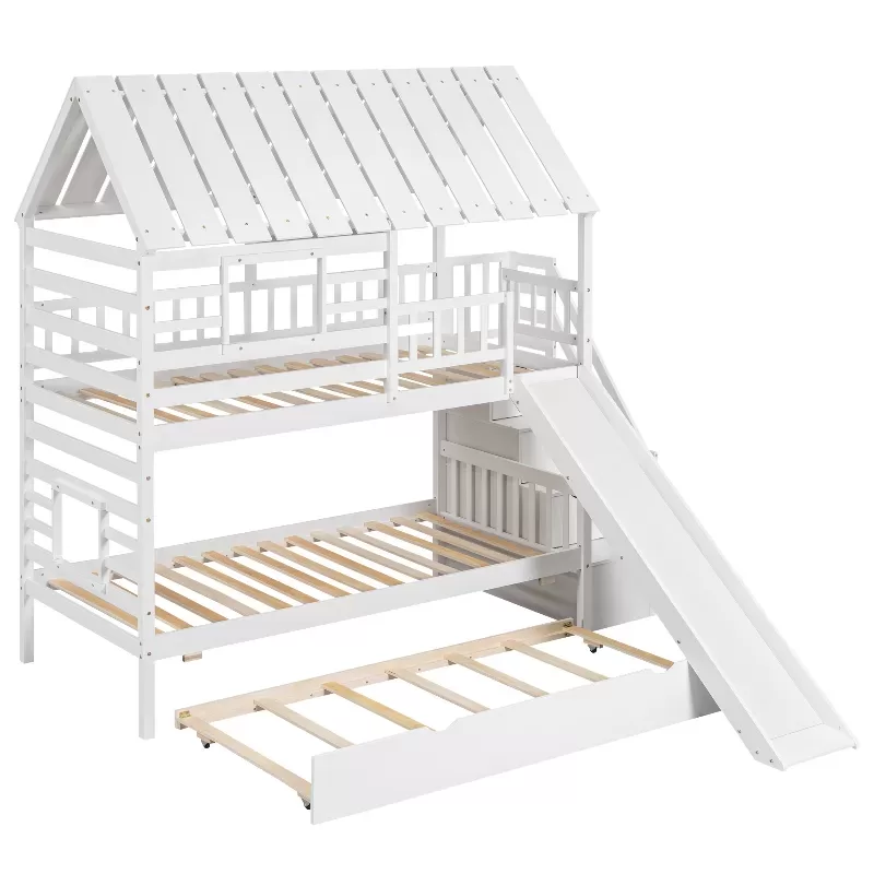 Twin Over Twin House Bunk Bed With Trundle And Slide, Storage Staircase, Roof And Window Design, White 2