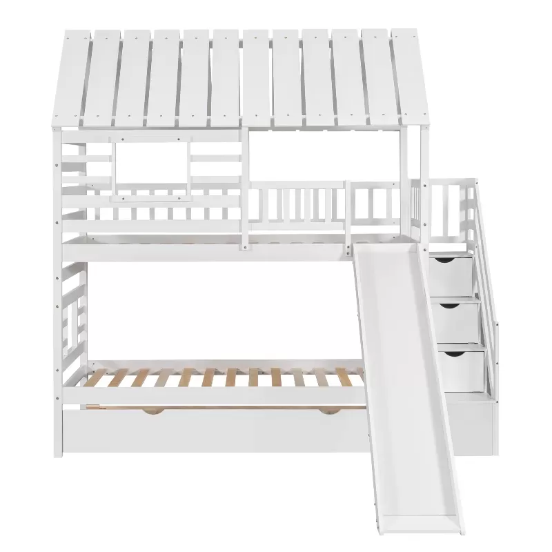 Twin Over Twin House Bunk Bed With Trundle And Slide, Storage Staircase, Roof And Window Design, White 20