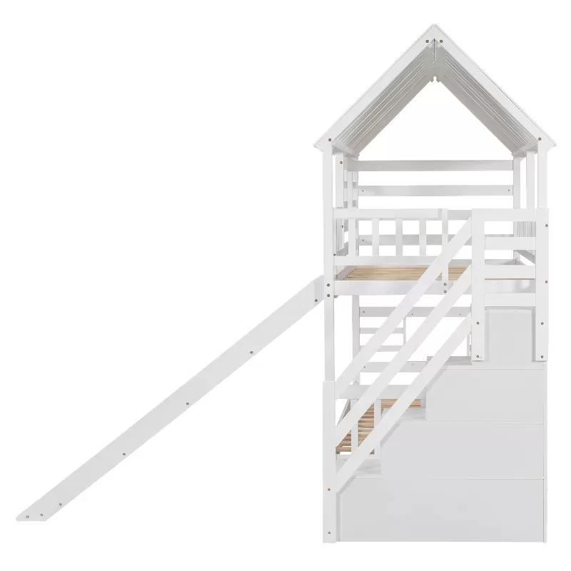 Twin Over Twin House Bunk Bed With Trundle And Slide, Storage Staircase, Roof And Window Design, White 4