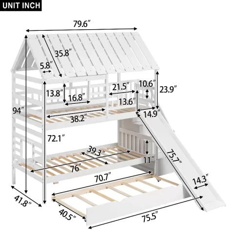 Twin Over Twin House Bunk Bed With Trundle And Slide, Storage Staircase, Roof And Window Design, White 6