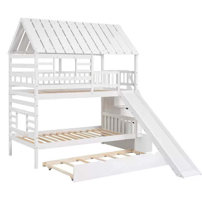 Twin Over Twin House Bunk Bed With Trundle And Slide, Storage Staircase, Roof And Window Design, White 7