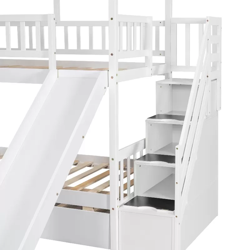 Twin Over Twin House Bunk Bed With Trundle And Slide, Storage Staircase, Roof And Window Design, White 8
