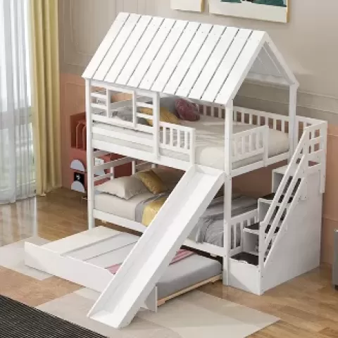 Twin Over Twin House Bunk Bed With Trundle And Slide, Storage Staircase, Roof And Window Design, White 9