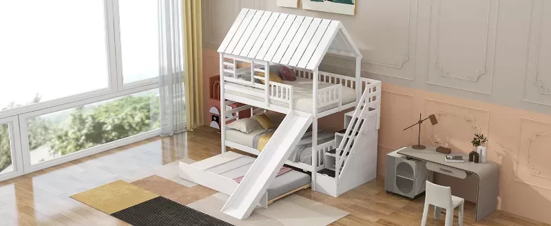 Twin Over Twin House Bunk Bed With Trundle And Slide, Storage Staircase, Roof And Window Design, White 9