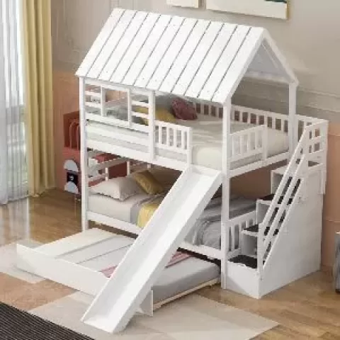 Twin over Twin House Bunk Bed with Trundle and Slide, Storage Staircase, Roof and Window Design, White