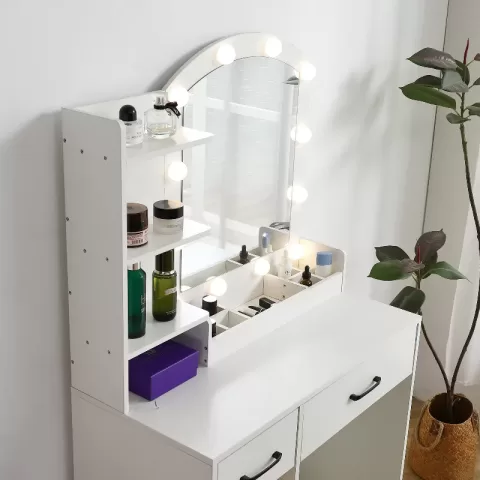 Vanity Desk Set Including Table With Large Lighted Mirror,lighting Modes Adjustable Brightness, Dressing Table With 2 Drawers, Storage Cabinet And Upholstered Stool 1