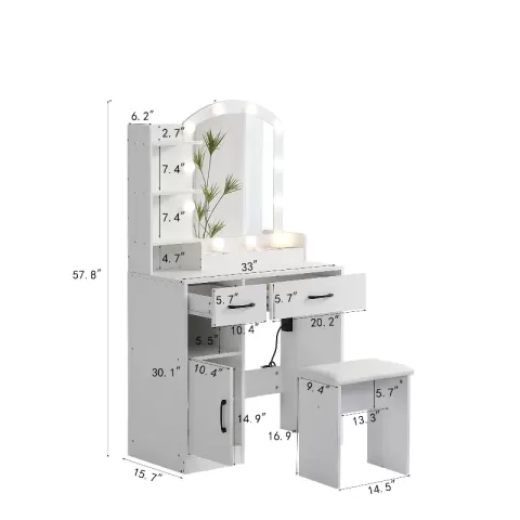 Vanity Desk Set Including Table With Large Lighted Mirror,lighting Modes Adjustable Brightness, Dressing Table With 2 Drawers, Storage Cabinet And Upholstered Stool 10