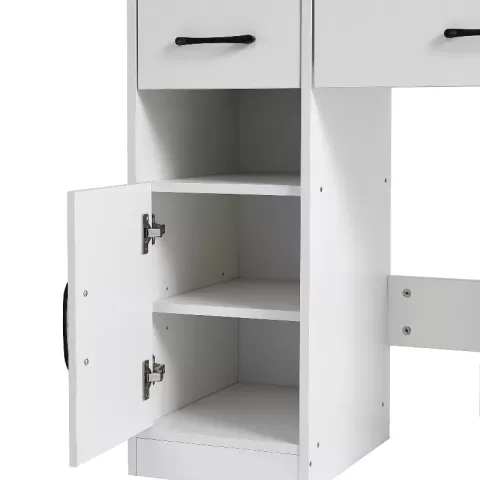 Vanity Desk Set Including Table With Large Lighted Mirror,lighting Modes Adjustable Brightness, Dressing Table With 2 Drawers, Storage Cabinet And Upholstered Stool 11