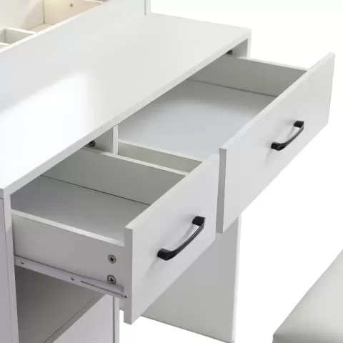 Vanity Desk Set Including Table With Large Lighted Mirror,lighting Modes Adjustable Brightness, Dressing Table With 2 Drawers, Storage Cabinet And Upholstered Stool 12